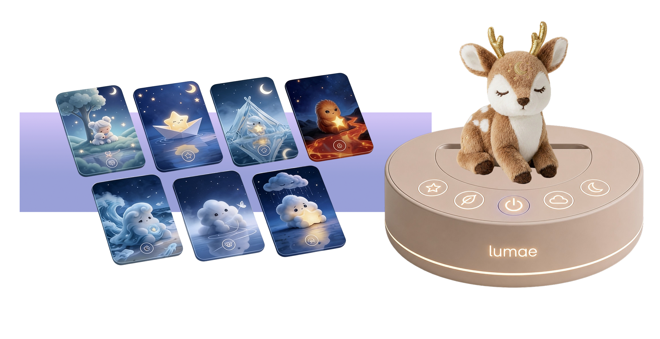 Картите на LUMAE и плюшената играчка Luma върху умната докинг станция